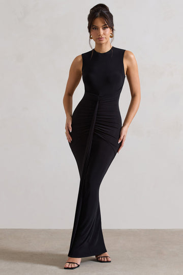 Alexa Black High-Neck Gathered Maxi Dress With Drape